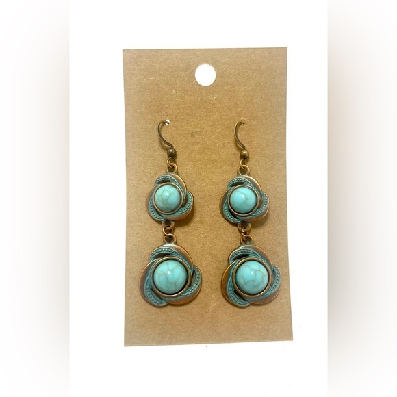 NEW INVENTORY Long Antiqued Copper and Turquoise Patina Earrings.​ - Picture 1 of 4